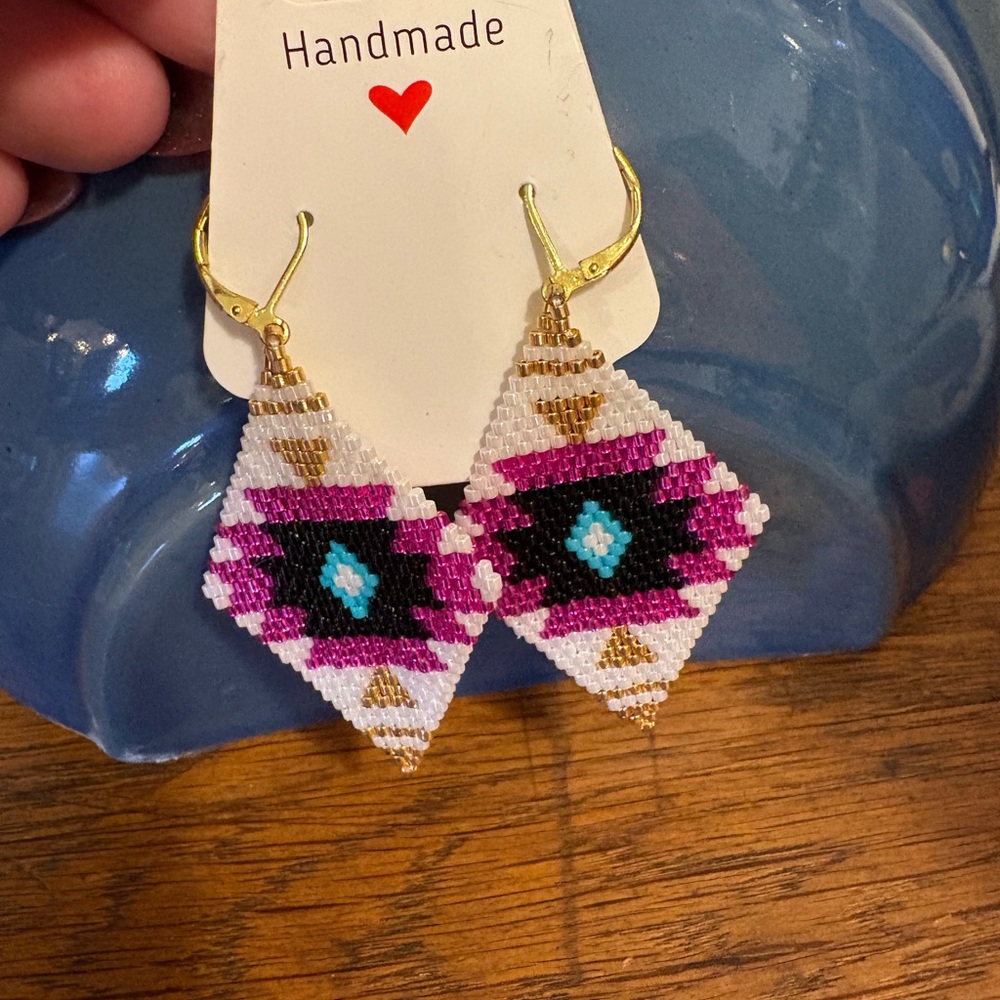 Handmade Beaded Geometric Earrings - Pink, Black, Gold - Picture 2 of 3